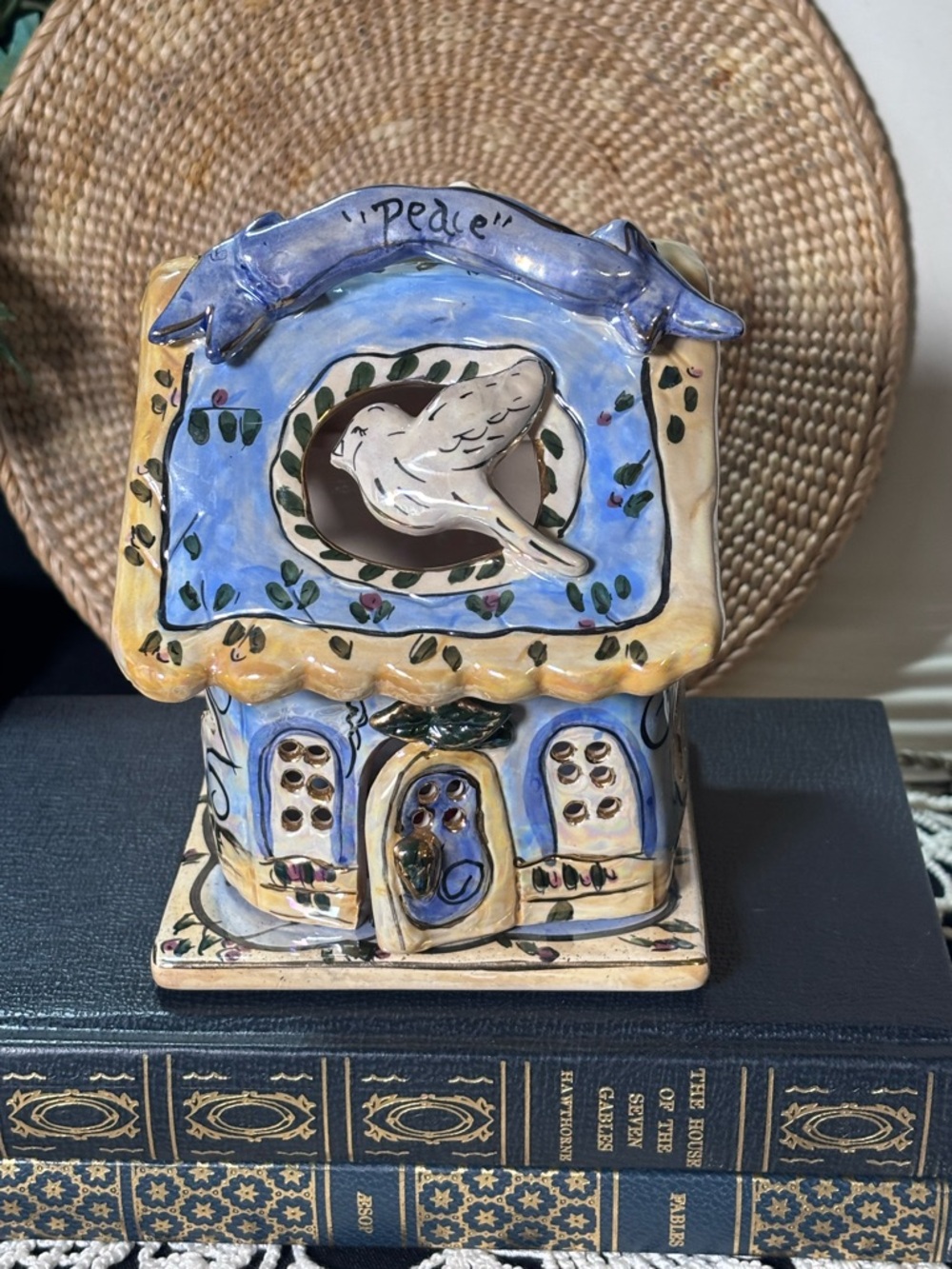 Blue Sky Hand-Painted Ceramic “Peace” Dove House in Blue and Cream